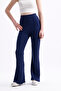 Women's Navy Blue Spanish Leg Ribbed Front Modal Fabric High Waist Lycra Gathering Pants Leggings - 2
