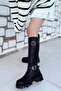 Women's Rose Thick Sole Belt Detailed Below the Knee Zippered Comfortable Matte Leather Boots - 5