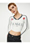 V-Neck Crop T-Shirt Long Sleeve Color Contrast Printed Cotton - 2
