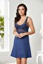 Combed Cotton Lace Women's Nightgown and Dressing Gown Set - 4020 Navy Blue - 4