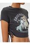 Crop T-Shirt Dog Print Drawstring Slim Fit Crew Neck - 5