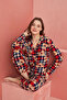 Red Plaid Bear Patterned Front Buttoned Suede Pajama Set