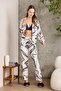 3-Piece Women's Pajama Set with Satin Printed Crop - 1230 Ecru - 4