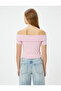 Madonna Collar T-Shirt Crop Off-The-Shoulder Ribbed Short Sleeve Slim Fit - 4