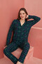 Green Plaid Patterned Front Buttoned Suede Pajama Set