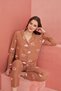 Brown Heart Patterned Front Buttoned Suede Pajama Set