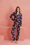 Navy Blue Bear Patterned Front Buttoned Suede Pajama Set - 2