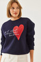 Women's Navy Blue Heart and Text Printed Sweatshirt Mbhs023 60601023 - 4