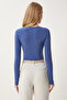 Women's Indigo Blue V-Neck Snap-On Woven Bodysuit Vn00022 - 4
