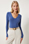 Women's Indigo Blue V-Neck Snap-On Woven Bodysuit Vn00022 - 2