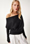 Women's Black Asymmetric Collar Ribbed Sweater Fn03383 - 2