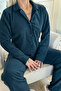 Petrol Green Plain Front Buttoned Plush Fleece Pajama Set - 5