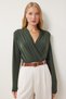 Women's Khaki Wrap Neck Padded Shoulders Snap Button Sandy Blouse ZH00039