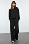 Siyah Oversize Kalıp Wide Leg/Geniş Paça Örme Sweatshirt/Alt Eşofman Takımı TWOAW25EM00004
