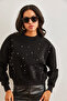Women's Black Pearl Detail Brushed Inside Cropped Thick Sweatshirt SWT-19000663 - 2