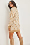 Women's Camel Geometric Patterned Soft Textured Knitwear Tunic Dress Elb- 19002279 - 5