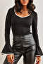 Women's Black Heart Collar Striped Spanish Sleeve Blouse Blz- 19002776 - 3