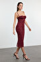 Bordo Astarlı Dantel Örme Midi Abiye Gece Mezuniyet Elbisesi TPRAW25EL00120 - 3