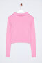 Pembe Düğme Detaylı Vücuda Oturan Crop Polo Yaka Fitilli Esnek Örme Bluz TWOAW22BZ0522 - 7