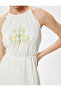 Midi Length Halter Neck Dress with Floral Embroidery Detail, Lined, Cotton - 5