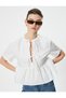 Oversize Blouse with Bow Tie Detail, Short Sleeves, Round Neck, Cotton - 2