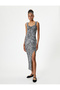 Leopard Patterned Long Dress with Slit Detail and Thick Straps - 3