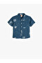 Linen Shirt Short Sleeve Fish Patterned Pocket Detail
