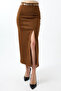 Dark Brown Suede Skirt Maxi Length 92 cm Front Slit Maxi Long Suede Skirt - 5
