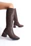 Women's Bitter Brown Below-The-Knee Heeled Shiny Detailed Zippered Leather Look Long Boots