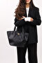 Women's Black Leather Hand and Shoulder Bag with Magnet Closure and Lock Detail - 4