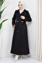 Stone Detailed Belt - Buttoned Black Cashmere Coat Hm2590