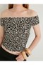 Leopard Patterned Crop Blouse Boat Neck Slim Fit - 5