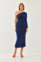 Women's Navy Blue One-Shoulder and Gathered Long Dress 375 60351135 - 6