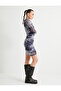 Tulle Pencil Dress Midi Length Abstract Patterned Long Sleeves Round Neck Lined Drape Detailed