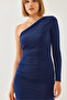 Women's Navy Blue One-Shoulder and Gathered Long Dress 375 60351135 - 4