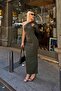 Khaki Zef One Shoulder Side Draped Long Sleeve Women's Midi Dress - 3