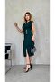 Green Scuba Crepe Fabric Gold Buttoned Slim Fit Draped Padded Midi Length Dress 124 - 4