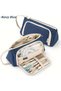 Large Capacity Navy Blue Twill Pencil Case - Double Zipper, Daily Office Use Makeup Bag - 3