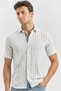 Men's Dark Blue Short Sleeve Striped Cotton Slim Fit Slim Fit Shirt 1004240245