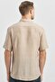 Men's Beige Short Sleeve Buttoned Collar Piping Linen Slim Fit Shirt 1004240242 - 5