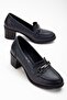 Women's Genuine Leather Buckle Classic Heeled Shoes Navy Blue