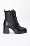 Women's Genuine Leather Thick Heeled Stylish Lace-Up Boots - Black - 3