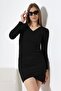 Black Gathered Double Breasted Collar Crepe Fabric Long Sleeve Dress
