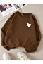 Women's Brown Minimal Heart Printed Crew Neck Oversize Embossed Sweatshirt Hoodie