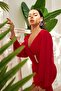 Red Chiffon Buckle Detailed Long Evening Dress - 4