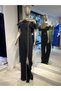 Strapless Collar Slit Detailed Stylish Crepe Evening Dress Jumpsuit with Stone and Feather Embroidery