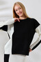 Women's Black Crew Neck Color Block Sweater and Skirt 2-Piece Knitwear Set - 2