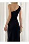 Women's Black Color Scuba Fabric Single Shoulder Flounced Deep Slit Crepe Evening Dress - 3