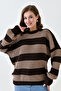Women's Low Long Sleeve Line Patterned Crew Neck Oversize Fit Striped Brown Knitwear Sweater 6600 - 5