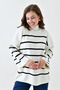 Women's Low Long Sleeve Stripe Patterned Stand Collar Oversize Fit Striped Ecru Knitwear Sweater 6100 - 4